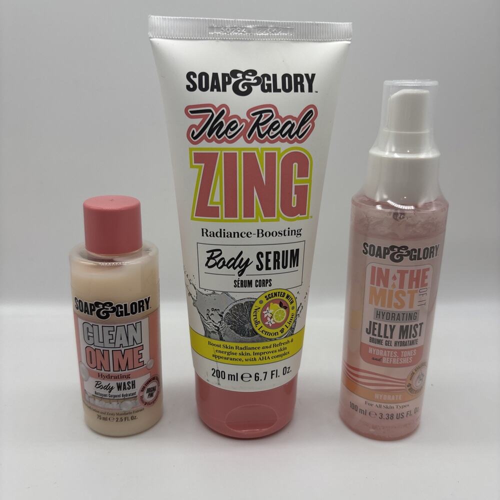 Soap & Glory 3pc Lot The Real Zing Body Serum Clean On Me Body Wash Jelly Mist